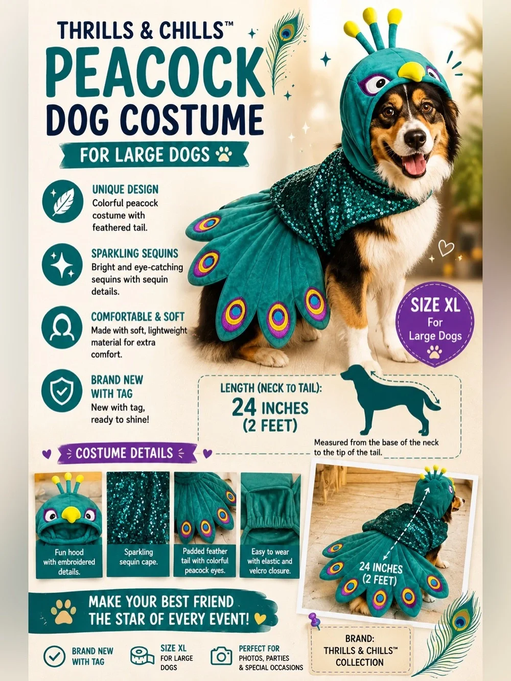Thrills & Chills Peacock Dog Costume XL Sequins Hood Halloween Pet Outfit